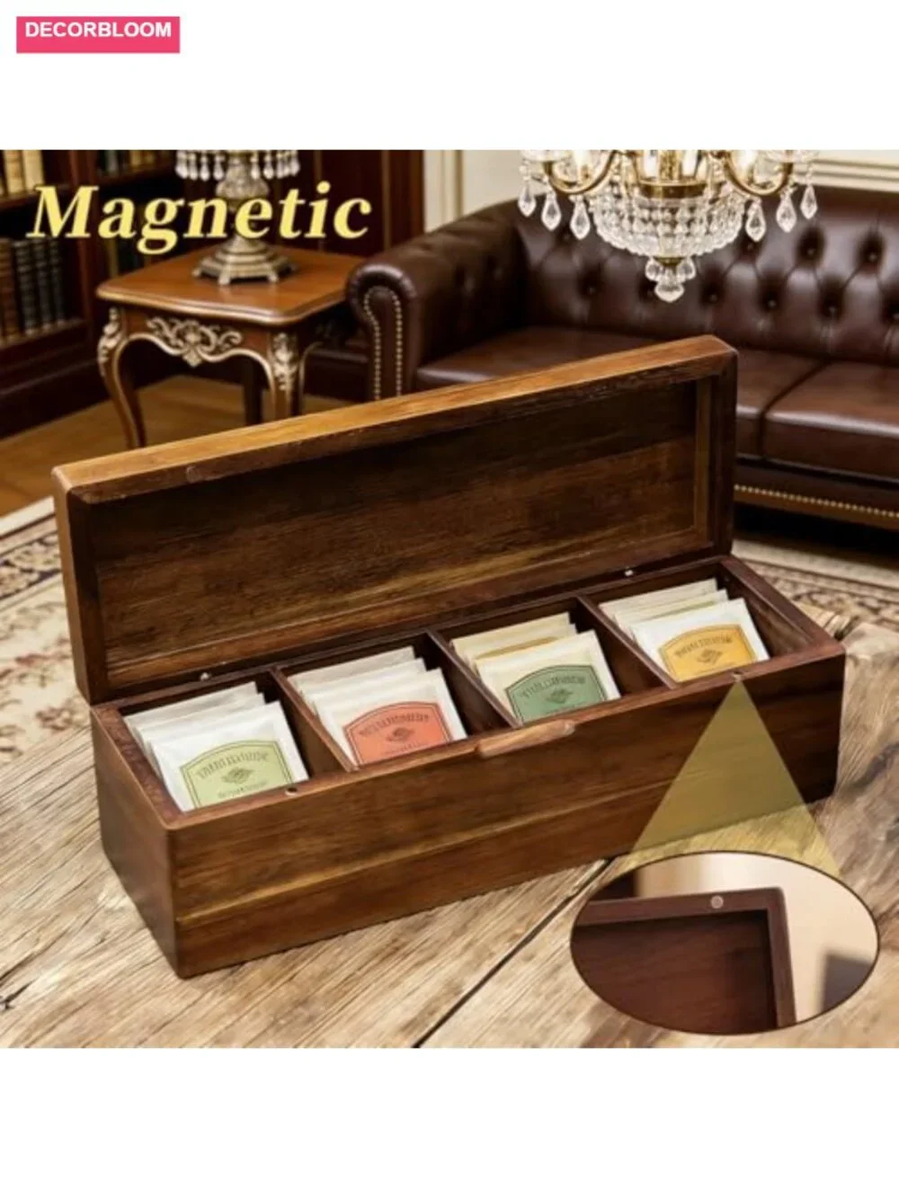 Acacia Wood Tea Bag Organizer with Compartments, Multi-Slot Tea Storage Box for